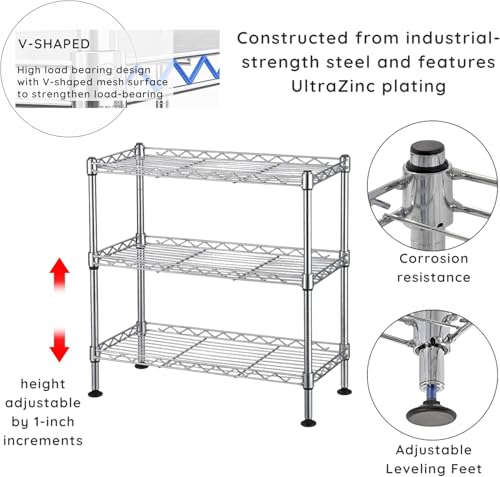 FOXHOLE 3-Tier Steel Metal Storage Rack Wire Shelving for Bathrooms, Closets, Kitchen, Pantry, Adjustable Shelves, Silver Finish, 17.72" L x 7.87" W x 17.72" H - size: 17.72"W x 7.87"D x 17.72"H