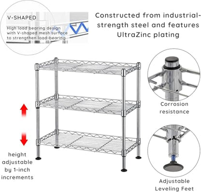 FOXHOLE 3-Tier Steel Metal Storage Rack Wire Shelving for Bathrooms, Closets, Kitchen, Pantry, Adjustable Shelves, Silver Finish, 17.72" L x 7.87" W x 17.72" H - size: 17.72"W x 7.87"D x 17.72"H