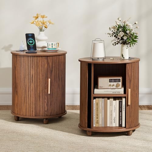 18 Inch Nightstands Set of 2, Fluted Round Wood Nightstand with Charging Station, Small End Table for Living Room, Sliding Door Round Side Table with Storage for Bedrrom (18 inch, Walnut) - color: Walnut, size: 18"-Round