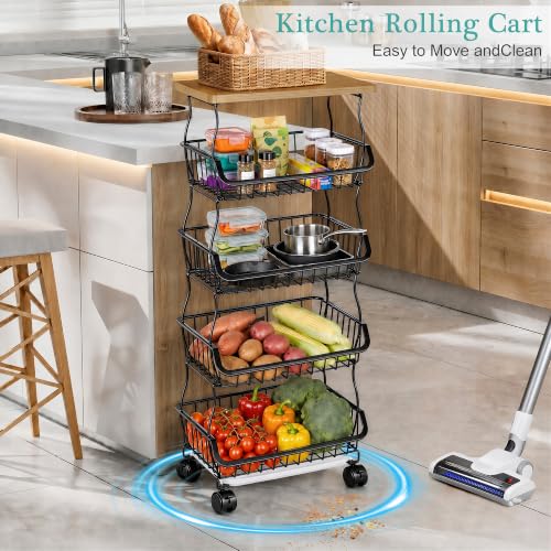 VECELO 5-Tier Fruit Basket with Wheels, Fruit and Vegetable Storage Cart for Kithchen, Stackable Produce Organizer Wire Baskets for Kitchen, Pantry, Living Room - size: 5 Tiers