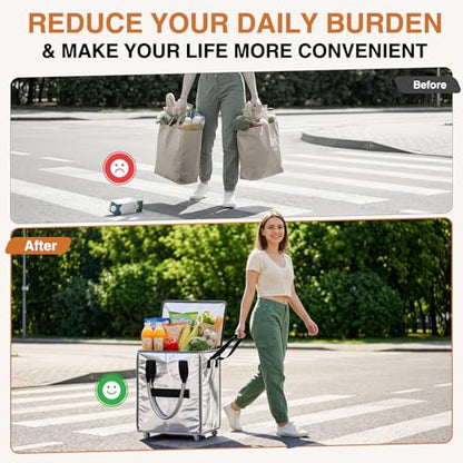 Large Reusable Grocery Bag on Wheels, Foldable Rolling Tote Bag with Handle and Zipper for Market Laundry Travel - color: Silver