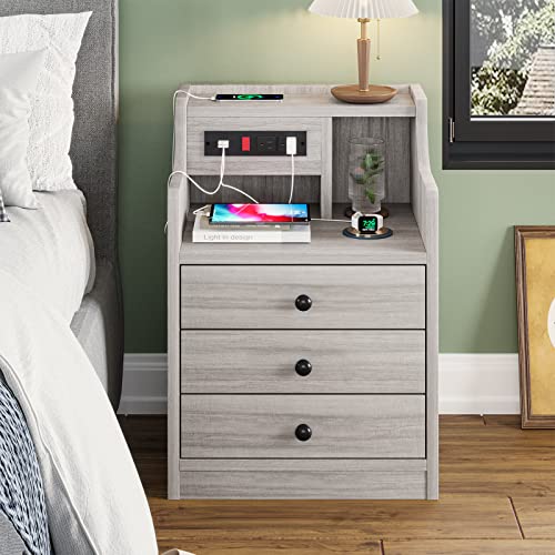 ADORNEVE Nightstand with Charging Station, Night Stand with Hutch & Storage Drawers, End Table Side Table Bedroom,Grey - color: Grey, size: 1PC