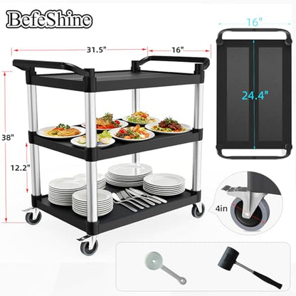 Plastic Utility Carts with Wheels, 3-Tier Rolling Cart, Restaurant Cart | 300 lbs Heavy Duty Capacity with 4 inch Silent Casters(2 Lockable), for Home, Office, Restaurant, Warehouse.31.5"× 16" × 38" - size: 31.5"×16"×38" S