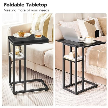 HOOBRO Foldable C Shaped End Table, C Shaped Side Table with Storage Shelf, Small Snack Table, Slide Under Couch Table for Sofa, Living Room Bedroom Small Spaces Easy Assembly, Black BK29SF01 - color: Black