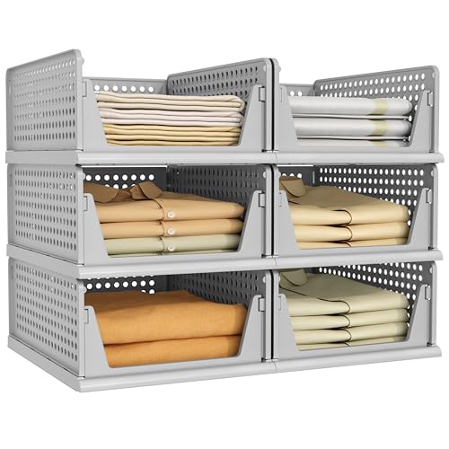 Pinkpum Grey 6 Pack Closet Organizers Storage Bins, Stackable Plastic Drawer Basket for Clothing, Stackable Storage Bins Shelf Storage Container for Closet Wardrobe Bedroom Bathroom Office - color: Gray, size: 6 Pack L