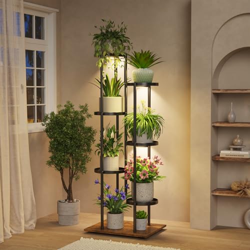 iDavosic.ly 6 Tier Plant Stand Indoor with Grow Lights, Tiered Corner Multiple Flower Pot Holder Shelf, Metal Tall Display Rack for Porch Living Room Balcony Bedroom, Modern Black & Rustic Brown - color: Modern Black with Light, size: 6 Tier