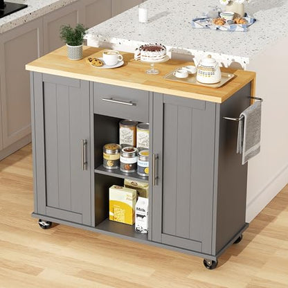 JY QAQA 42" Kitchen Island with Storage on Wheels, Rolling Table with Drop Leaf, Drawers, Cart Handle for Towel Rack or Free Movement, Gray - color: Grey