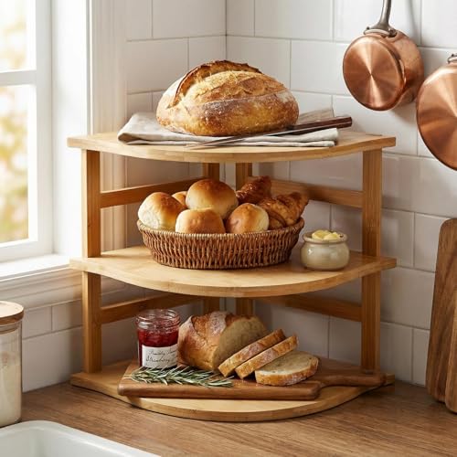 Goaste 3-Tier Bamboo Corner Shelf, Kitchen Countertop Storage Organizer, Cabinet Plate Rack for Pantry Organization, Bathroom, Desktop, 9.5 x 9.5 x 9.5 Inch