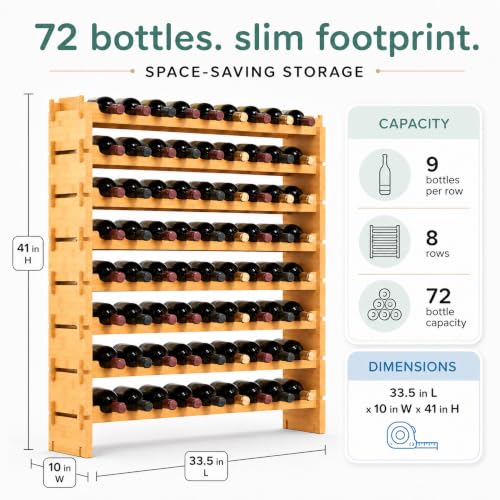 NutriChef 72 Bottle Wine Rack Stackable Bamboo Freestanding, 8-Tier Modular Shelf, Sturdy Wobble Free, Upgraded 2026 Design, Easy No-Tool Assembly for Kitchen, Cellar or Bar Storage 33.5" x 10" x 41" - size: 72 Bottle