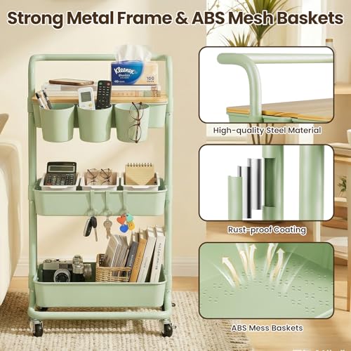 3 Tier Rolling Cart, Multifunctional Storage Cart with Table Top, Lockable Wheels, Heavy Duty Metal Frame Utility Cart for Kitchen, Bathroom, Office, Bedroom (Green) - color: Green