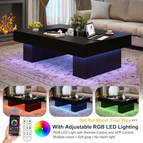 LVB Black Coffee Table, Modern Wood Led Living Room Table with Storage, Unique Large Wide Rectangle Center Table with LED Light, Contemporary low Tea Table for Bedroom Home Office, 47.24 In, Black Oak - color: Black Oak