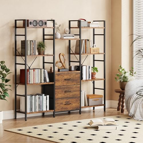 AFLUI Triple Bookshelf with 3 Fabric Drawers, 4-Tier Book Shelf and 10 Display Shelves, Industrial Large Bookcase for Home & Office, Rustic Brown, 59'' Wide - color: Rustic Brown, size: 4 Tier(59" W)