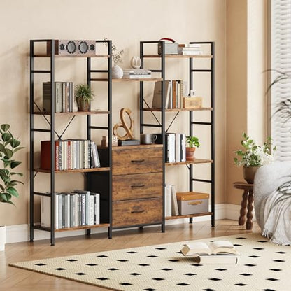 AFLUI Triple Bookshelf with 3 Fabric Drawers, 4-Tier Book Shelf and 10 Display Shelves, Industrial Large Bookcase for Home & Office, Rustic Brown, 59'' Wide - color: Rustic Brown, size: 4 Tier(59" W)