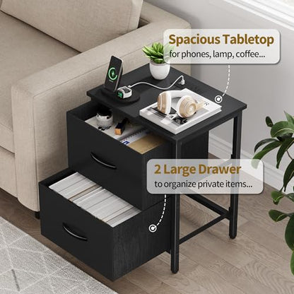 Vagusicc Nightstand Set of 2 with Charging Station, End Table Bedside Table with Power Outlet & USB Ports, Side Table with 2 Fabric Drawers for Bedroom, Living Room, Black - color: Black (2 Pack)