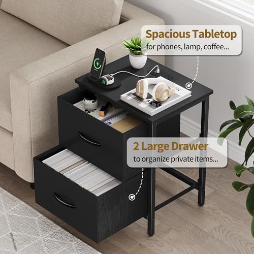 Vagusicc Nightstand with Charging Station, Bedside Table with USB Ports and Outlet, End Table Side Table with 2 Fabric Drawers for Bedroom, Living Room, Black - color: Black (1 Pack)