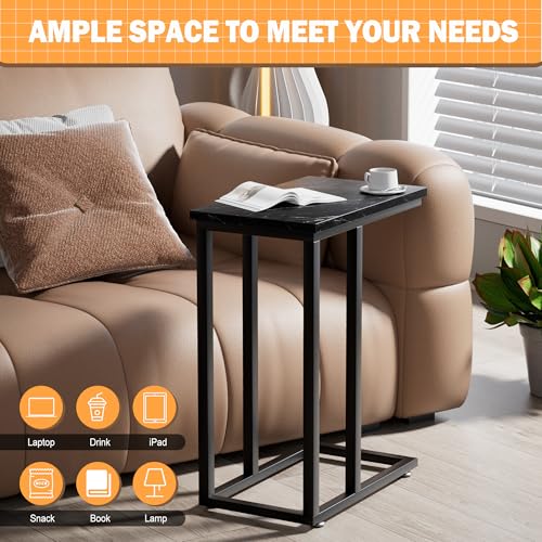 VECELO Universal C-Shaped Side Table, Multi-Functional Snack & TV Tray for Living Room, Bedroom, Black Marble (1 Set) - color: Black Marble, size: 1 Set