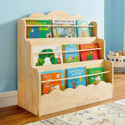 Amdermi 3-Tier Scalloped Montessori Bookshelf for Kids, Solid Wood Front-Facing Toddler Bookcase, Low Children’s Book Display Shelf for Nursery, Playroom, Classroom, Natura