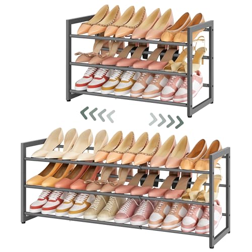 FAVOOSTY 3-Tier Expandable Shoe Rack, Adjustable Shoe Shelf Storage Organizer Space Saving Metal Free Standing Shoe Rack for Entryway Closet Doorway, Silver Grey - color: Silver Gray, size: 3 Tier