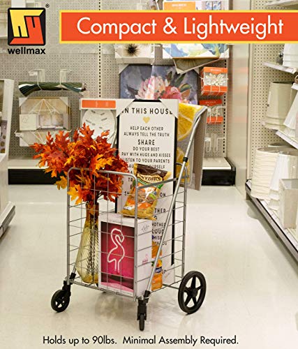 Wellmax Folding Grocery Cart with Wheels – Heavy Duty Utility Cart with Upgraded Steel Frame, Extra Large Basket, Adjustable Padded Handle, Swivel Front Wheels, Foldable Design, 90 lb Capacity - size: X-Large