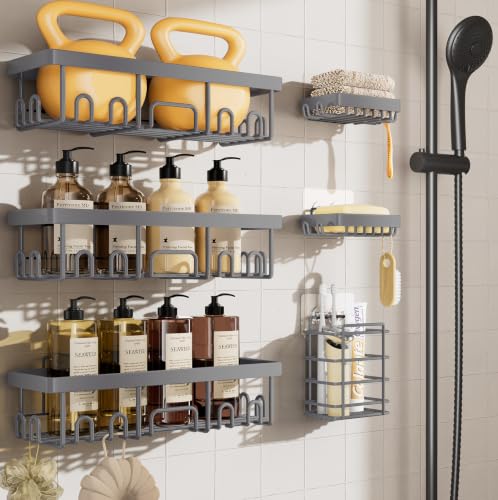 Veken 6-Pack Rustproof & Waterproof Shower Caddy, Adhesive Shelves Rack, Large Capacity Bathroom, College Dorm & Apartment Organizers, No-Drill Wall Mount Living Room & Bedroom Decor, Light Grey - color: Light Gray