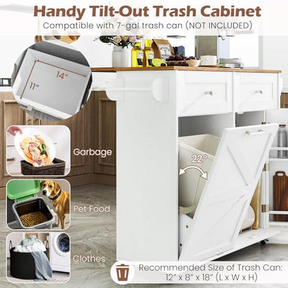 Giantex Kitchen Island Cart with Hidden Tilt Out Trash Can Cabinet, Drop Leaf, 2 Drawers, Towel Rack, Rolling Mobile Breakfast Bar Table, Wood Kitchen Storage Cart on Wheels (White & Natural) - color: White