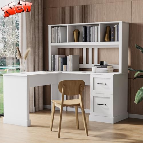 Bellemave L Shaped Computer Desk with Hutch, Home Office Desk with Storae Drawers & Bookshelf, Corner Desk, Study Table Writing Desk with Storage, Easy to Assemble, Antiqued White - color: Antiqued White