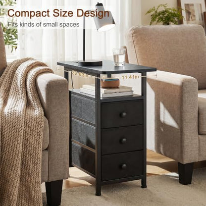 AMHANCIBLE End Tables Living Room with Charging Station, Narrow Side Table with USB Ports and Outlets, Slim Nightstand with 3 Fabric Drawers for Bedroom, Small Space, Black, HETN013BK-1 - color: Black, style: Power
