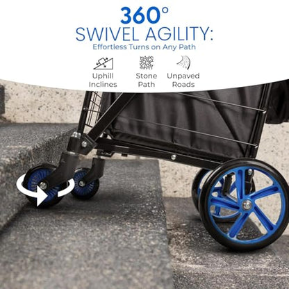 SereneLife Small Compact Folding Shopping Cart with Removable Waterproof Liner – 360° Swivel Wheels, Rust‑Proof Steel Frame, 70 lb Capacity – Portable Grocery, Laundry & Travel Cart (Blue) - color: Blue