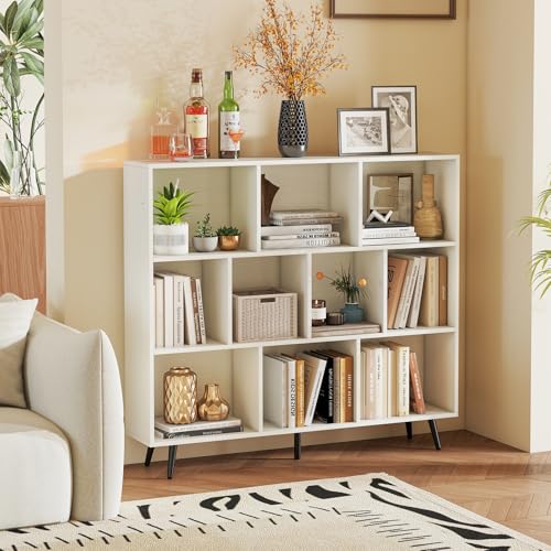 Tangkula 10-Cube Bookcase, Modern 47”L Storage Bookshelf with 5 Tapered Metal Legs & 2 Anti-Tip Kit, Freestanding Display Rack for Living Room, Study Room (White, 10-Cube) - size: Standard 10-Cube