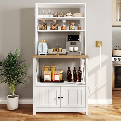 YITAHOME White Microwave Stand Bakers Rack Cabinet | Thickened Countertop, Hutch Shelves, Cabinet Door, Power Outlet, for Kitchen Coffee Bar Pantry, Easy Assembly - color: White, size: 31.5''W