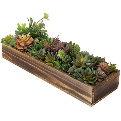 MyGift Artificial Succulent Centerpiece, 15.75 Inch Faux Succulents Arrangement Plants in Rustic Burnt Wood Rectangular Planter Box - color: Burnt Wood