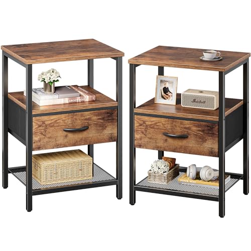 Huuger Nightstand Set of 2, Night Stand with Fabric Drawer, Mesh Shelf, Side Table with Storage, Fabric Drawer Dresser, Open Shelf, Metal Frame, Bedroom, Rustic Brown - color: Rustic Brown