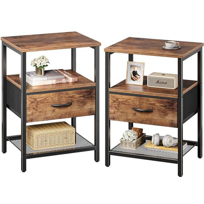 Huuger Nightstand Set of 2, Night Stand with Fabric Drawer, Mesh Shelf, Side Table with Storage, Fabric Drawer Dresser, Open Shelf, Metal Frame, Bedroom, Rustic Brown - color: Rustic Brown