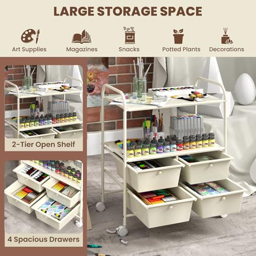 GOFLAME 4-Drawer Rolling Storage Cart with 2 Shelves, Mobile Utility Cart with Removable Drawers and Metal Frame, Art Craft Drawer Cart with Lockable Wheels for Home, Office, School, Studio, White - color: White