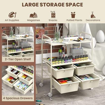 GOFLAME 4-Drawer Rolling Storage Cart with 2 Shelves, Mobile Utility Cart with Removable Drawers and Metal Frame, Art Craft Drawer Cart with Lockable Wheels for Home, Office, School, Studio, White - color: White