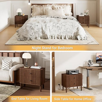 23" Fluted Nightstand with Soft Rounded Drawer Fronts & Solid Wood Cylindrical Legs, 2 Drawer Walnut Night Stand with Charging Station, End Table w/Metal Knobs, Bedside Table for Bedroom - color: Walnut - Rounded Drawer, size: 23"W