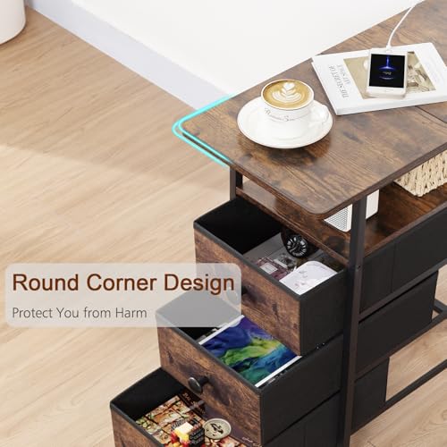 AMHANCIBLE Narrow End Table Living Room with Charging Station, Slim LED Nightstand with Fabric Drawers, Skinny Side Table for Bedroom, Small Spaces, Couch, Rustic Brown, HETN013LBR-1 - color: Brown, style: LED Light & Power