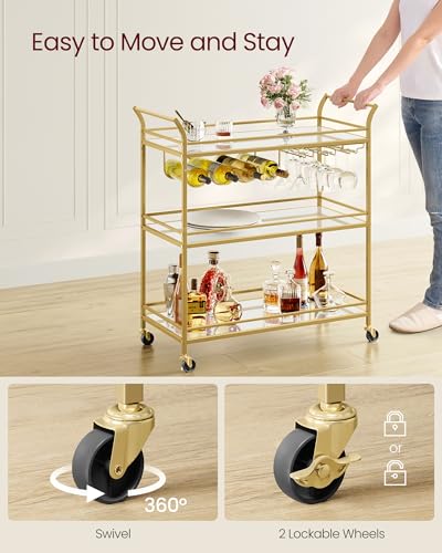 VASAGLE Bar Cart Gold, Large Home Bar Serving Cart with 3-Tier Mirrored Shelf, Wine Holders, Glass Holders, Kitchen, 15 x 33.9 x 35.4 Inches, Gold ULRC083A02 - color: Gold, size: 15"D x 33.9"W x 35.4"H