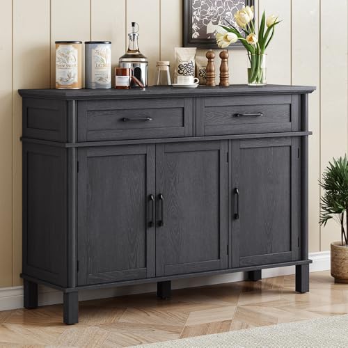 ONBRILL 48 Inches Buffet Cabinet with Storage, Farmhouse Sideboard Buffet w/2 Drawers and 3 Doors, Wood Coffee Bar Cabinet with Adjustable Shelves, Sideboard Storage for Kitchen, Living Room, Black - color: Black, size: 48 Inch