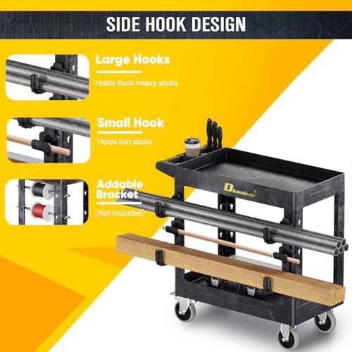 Heavy Duty Plastic Utility Cart 850Lbs, 34" x 17" Rolling Work Cart with Wheels - 2 Tier Service Cart for Warehouse/Garage/Garden - Upgraded 2 Side Tube Hooks, 360° Swivel Lockable Wheels