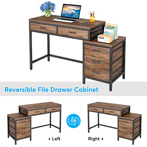Tribesigns Computer Desk with 5 Drawers, Home Office Desks with Reversible Drawer Cabinet Printer Stand, Industrial PC Desk with Storage, Rustic Study Writing Table Workstation for Small Spaces - color: Rustic Brown