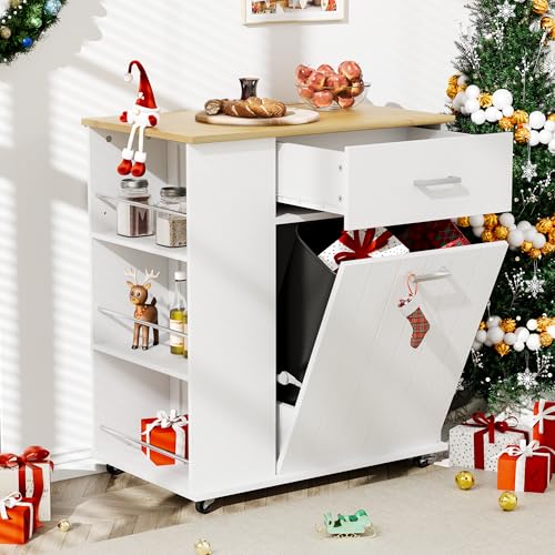 HQZX Rolling Kitchen Island with Trash Can Storage, Portable Kitchen Island on Wheels with Towel Rack & Spice Rack, Tilt Out Trash Can Cabinet with Drawer, Mobile Island Cart (White) - color: White