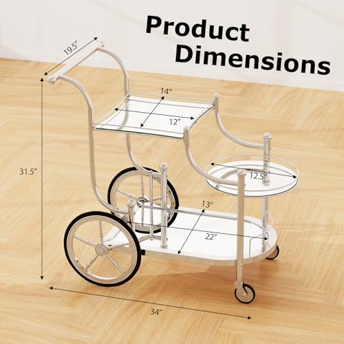 Tangkula Bar Cart, 3-Tier Rolling Home Bar Serving Cart with Mirrored Shelves & 4 Wheels, Mobile Beverage & Wine Cart for Kitchen, Dining Room, Living Room (Silver) - color: Silver