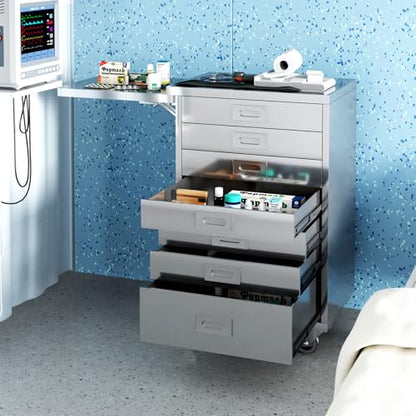 Medical Dental Assistant’s Alabama Mobile Utility Cart, Stainless Steel Storage Cabinet – 7 Drawer with Side Shelf & Handle for Professional Instrument Storage