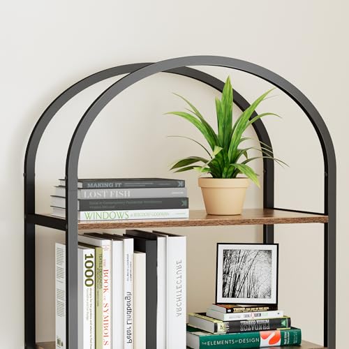 Homhedy 5-Tier Arched Bookshelf, Display Racks, Tall Book Shelf, 62.2" H | Wood and Metal Bookcase, Industrial Display Standing Shelf Unit, for Home, Office, Living Room, Bedroom, Rustic Brown - size: 5 Tier -23.6"W