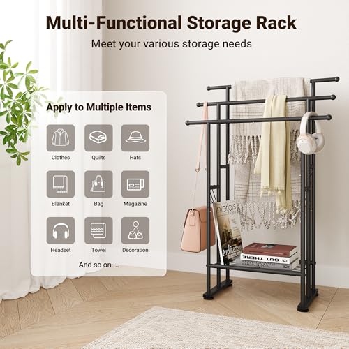 ELYKEN 3 Tier Standing Towel Rack, 40'' Tall Towel Drying Rack Outdoor, Freestanding Floor Towel Rack with Shelf, Pool Towel Blanket Stand, Metal Towel Racks for Bathroom freestanding, Matte Black - color: Black