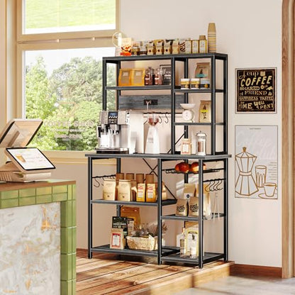 SUPERJARE Large Bakers Rack with Power Outlets, 6-Tier Microwave Stand, Coffee Bar with 12 S-Shaped Hooks, Kitchen Shelf with Wire Basket, 39.4 x 14.6 x 66.9 Inches, Charcoal Gray - color: Charcoal Gray, size: 39.4inch