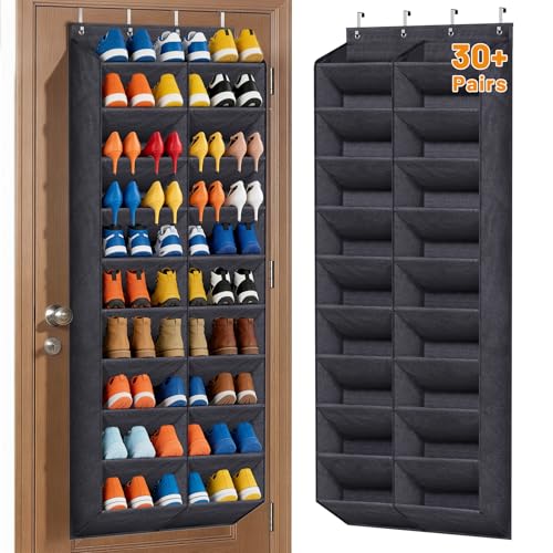 MISSLO 30-40 Pairs Over the Door Shoe Organizer for Closet 20 Extra Large Deep Pockets Hanging Shoe Rack for Door 10-Tier Heavy Duty Shoes Storage Hanger Fits Size 15 Sneakers, Boots, Heels, Black