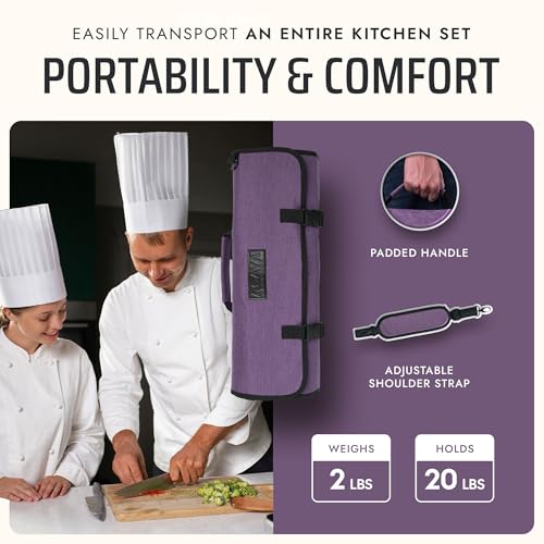 Asaya Waxed Nylon Chef Knife Roll Bag with 20 Slots and Zippered Pockets - Professional Chef Knife Bag & Storage Case, Tool Carrier with Shoulder Strap - Knives Not Included (Purple) - color: purple
