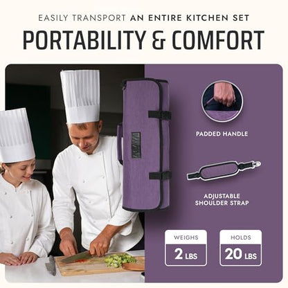 Asaya Waxed Nylon Chef Knife Roll Bag with 20 Slots and Zippered Pockets - Professional Chef Knife Bag & Storage Case, Tool Carrier with Shoulder Strap - Knives Not Included (Purple) - color: purple